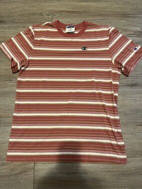Champion Short-Sleeve Striped Crewneck Tee in Rust and Cream